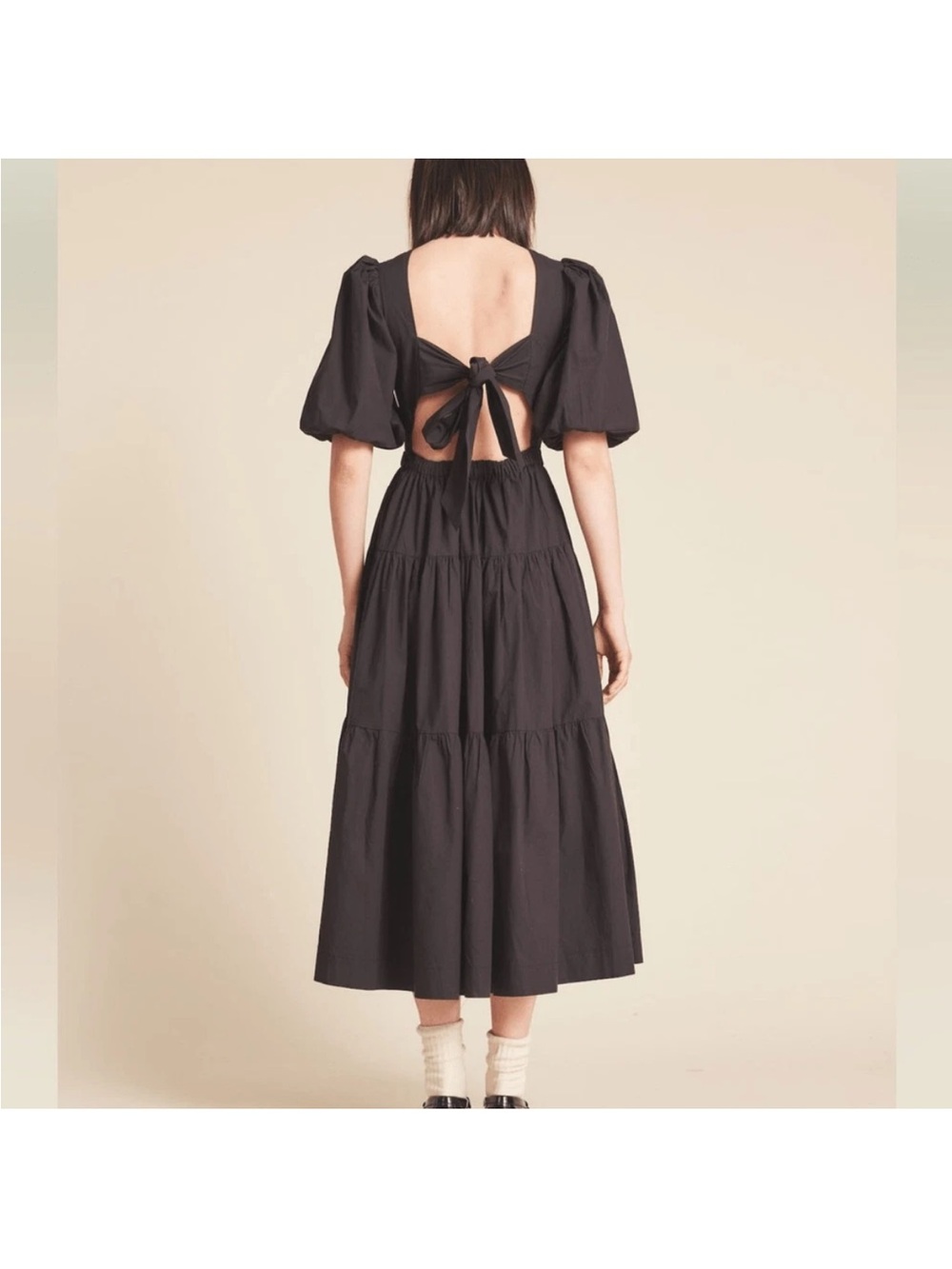 TROVATA BIRDS OF PARADIS DAPHNE Poplin Tiered MIDI DRESS BLACK Medium - Picture 4 of 14